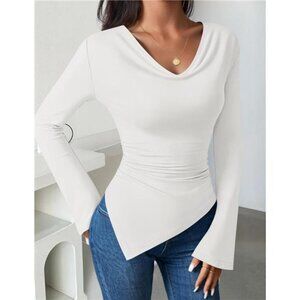 Women’s Cowl Neck Long Sleeve Ruched Knit Top | Y2K Slim Fit Fall Shirt